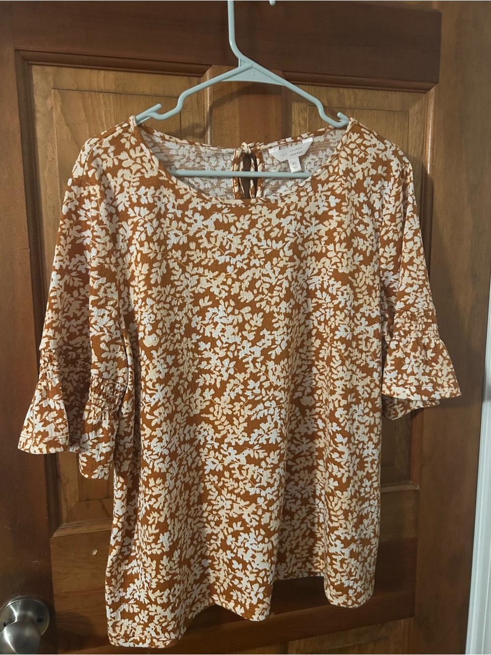LC Lauren Conrad White and Brown Floral Tie-Neck Top